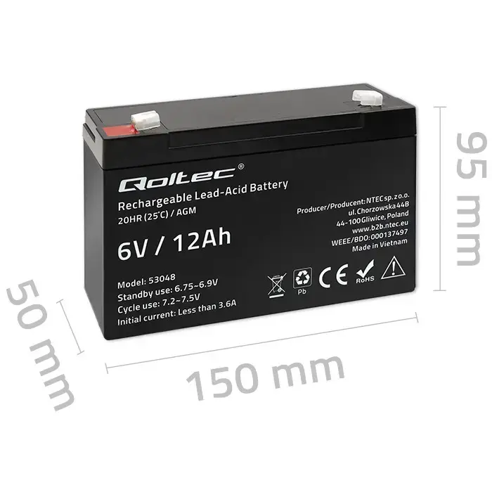 Qoltec  AGM battery | 6V | 12Ah | Maintenance-free | Efficient| LongLife | for UPS, scale, cash register Foto 7