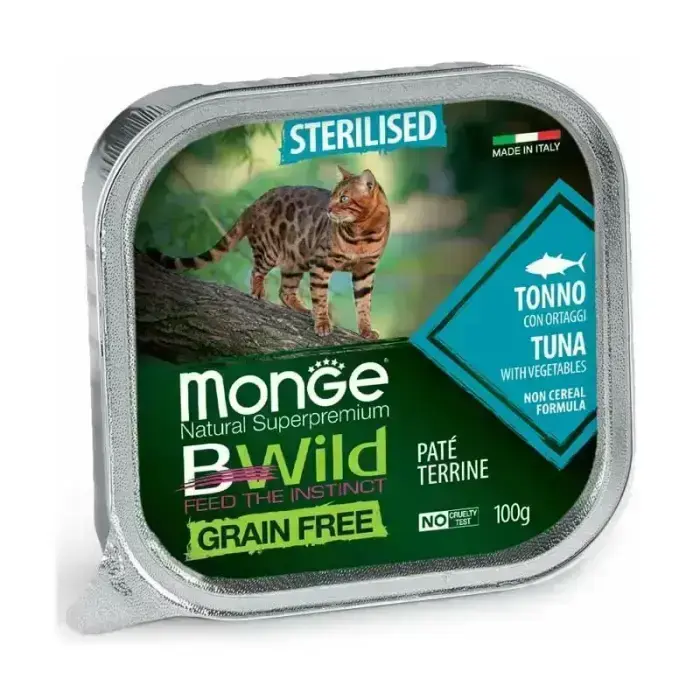 Monge Cat BWild Grain Free Sterilised Pate Tuna with Vegetables — complete grain-free wet pâté food with tuna and vegetables for sterilised cats, 100 g