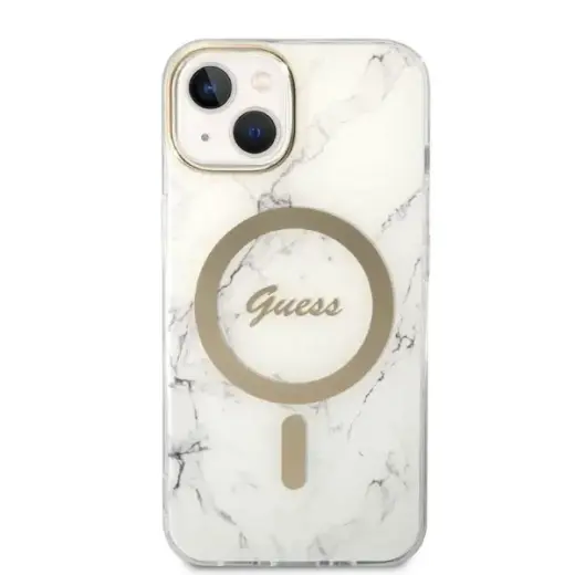Zestaw Guess GUBPP14SHMEACSH Case+  Charger iPhone 14 | 15 | 13 6,1" biały|white hard case Marble MagSafe Фото num