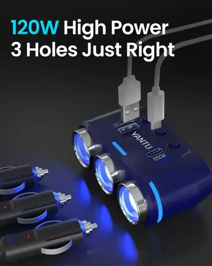 Car Cigarette Lighter Socket Splitter B39-C - 3 sockets + USB + Type C - QC 3.0 PD 3A 120W with display and cable Foto 3