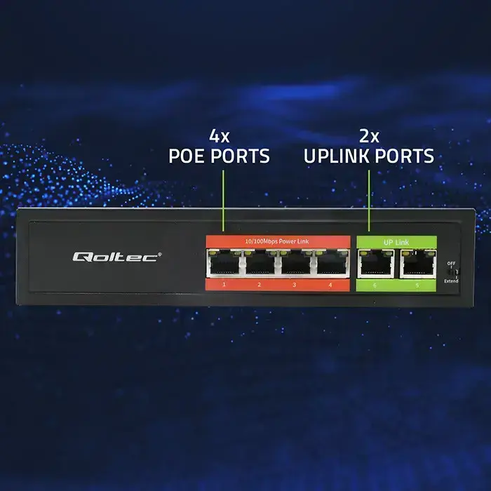 Qoltec FAST Ethernet PoE SWITCH | 4x RJ45 PoE | 2x RJ45 Uplink | 65W | 10/100 Mb/s Foto 7