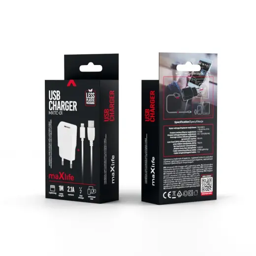Maxlife MXTC-01 travel charger | 10W | USB-A | with Lightning cable included | white Photo