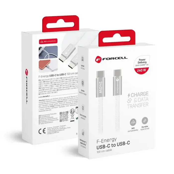 Forcell F-Energy Cafule Flat CCFN23 data transfer and charging cable | USB-C to USB-C | QC 4.0, PD | 240W | 1.2m | white