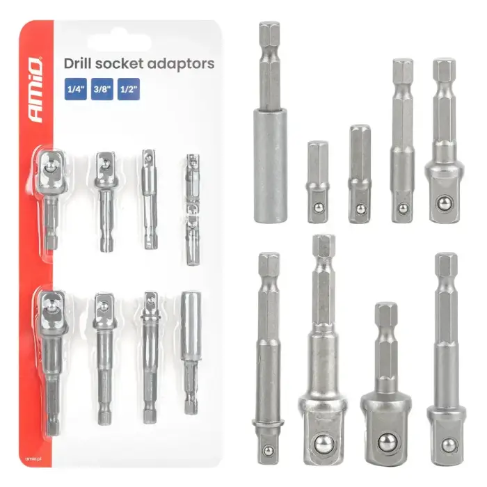 Drill socket adaptors 9el. 1/4", 3/8", 1/2" AMIO-04931