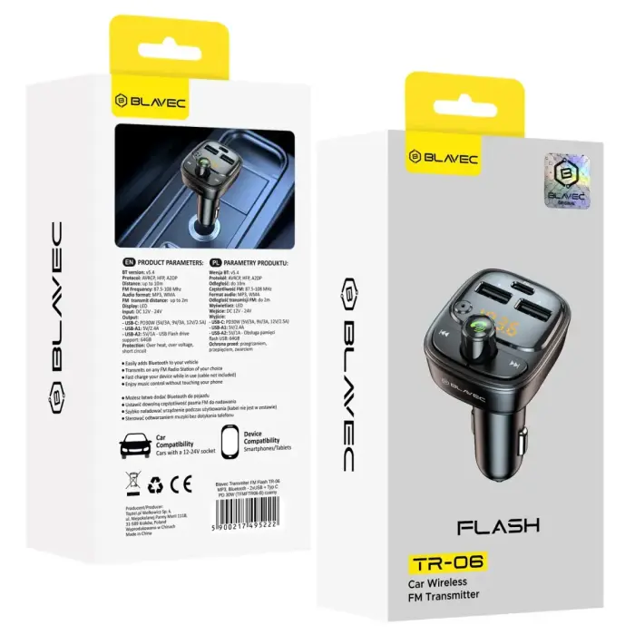 Blavec FM Transmitter Flash TR-06 MP3, Bluetooth - 2xUSB + Type C - PD 30W (TFMFTR06-B) black Фото num