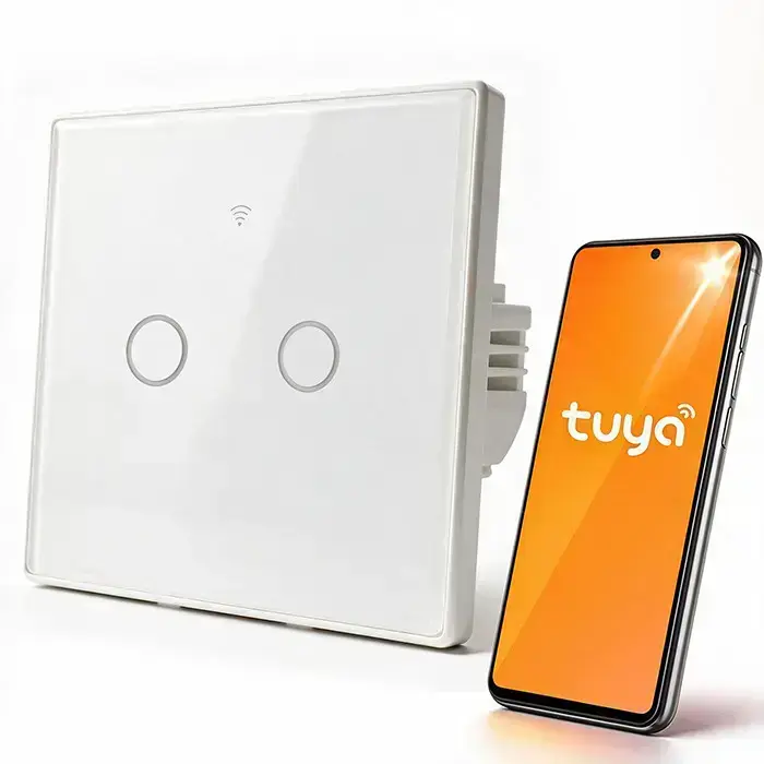 Qoltec Smart Touch 2-Gang Light Switch | Wi-Fi | Timer | Tuya | Smart Life | Tempered Glass | White