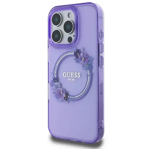 Guess GUHMP16LHFWFCU iPhone 16 Pro 6.3" purpurowy|purple hardcase IML Flowers Wreath MagSafe Фото num