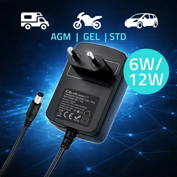 Qoltec Automatic charger for AGM GEL STD batteries | 6V/12V charger | 6W | 5.5x2.1 | 1.8m cable Photo