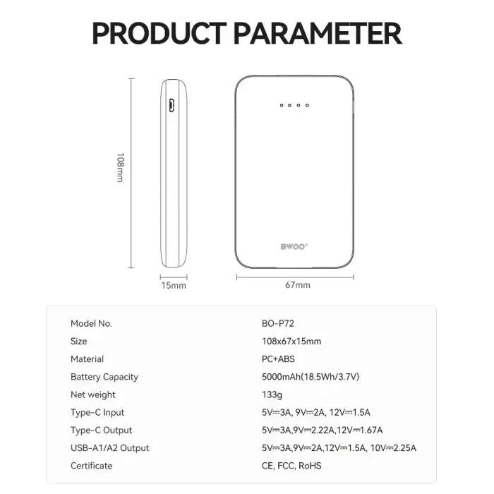BWOO power bank P72 QC 22.5W PD 20W 5000 mAh with 2 x USB-A ports 1 x USB-C port black Foto 4