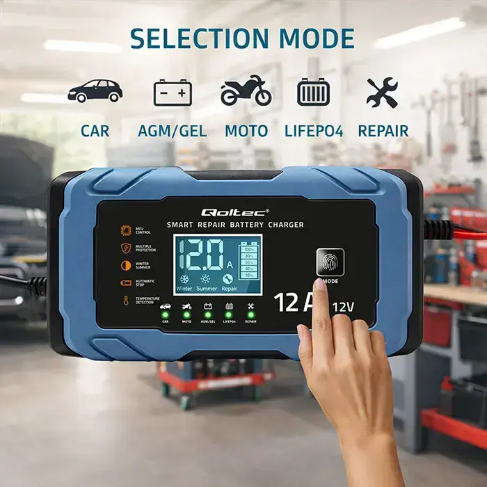 Qoltec Intelligent microprocessor charger 12V 12A | Rectifier with repair function | AGM GEL LiFePO4 | 9-stage charging  Photo