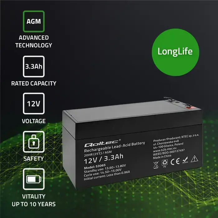 Qoltec AGM battery | 12V | 3.3Ah | Maintenance-free | Efficient| LongLife | for UPS, scale, cash register Foto 3