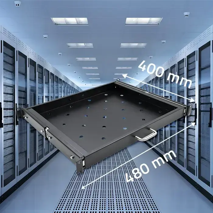 Qoltec Solid steel mount shelf with handle for RACK | 600*600 | Pull-out | Black Foto 5