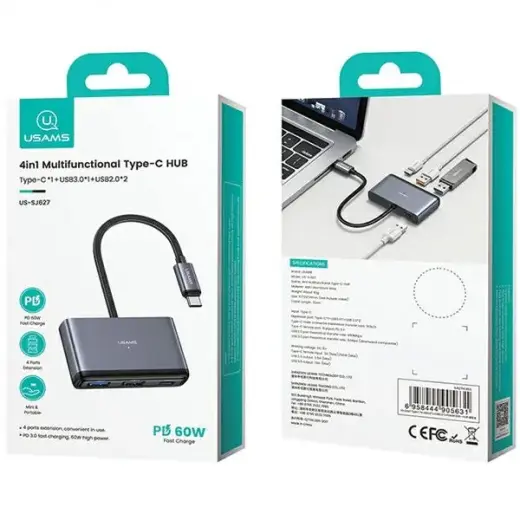 USAMS Adapter HUB 4w1 2xUSB 2.0|USB 3.0| USB-C szary|dark grey SJ627HUB01 (US-SJ627) Фото num