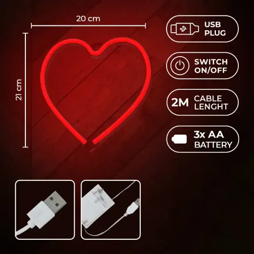 Neon LED Light HEART red Bat + USB FLNE07 Forever Light Foto 6