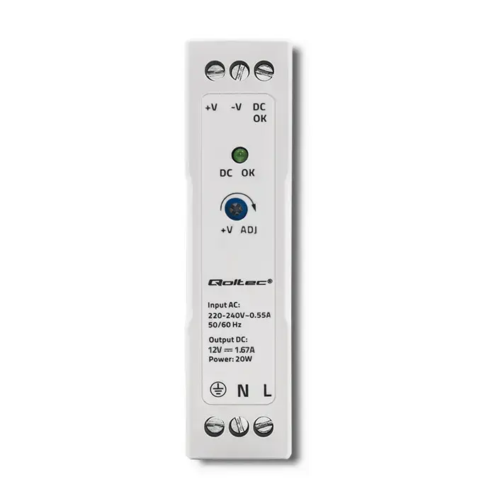 Qoltec DIN rail power supply | 20W | 12V | 1.67A | White | Slim Фото num