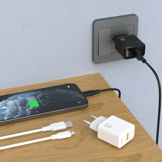 Dudao A23LEU 2.4A GaN EU USB-A Wall Charger with USB-A to Lightning Cable - Black Foto 2