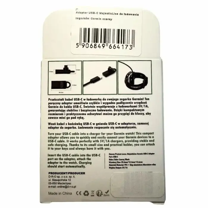 Adapter USB-C MajesticLine for Charging Garmin Watches black Фото num
