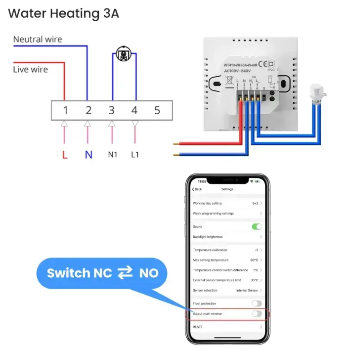 Smart thermostat for water heating floor valves control, 3A, Wi-Fi, black, TUYA / Smart Life