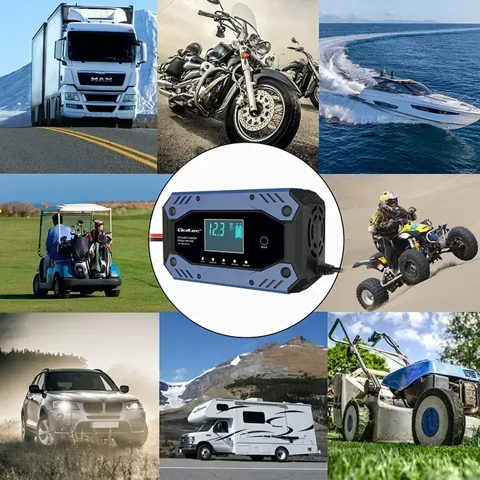 Qoltec Intelligent charger for STD AGM GEL LiFePO4 | Battery charger with repair function |12-24V |10A | LCD | 9 - stage charging Photo