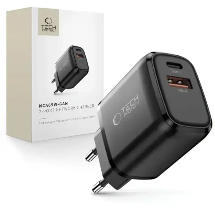 Зарядное устройство Tech-Protect NCA65W-GAN | 65W | PD, QC, GaN | USB-C, USB-A | чёрное