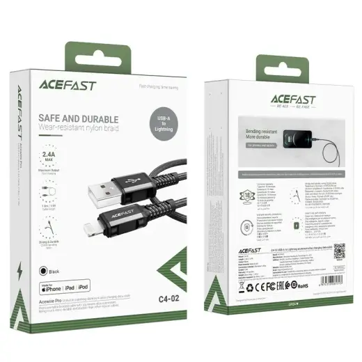 Acefast C4-02 провод для передачи данных и зарядки | MFI | USB-A на Lightning | 12W | 1.2m | черный Фото num