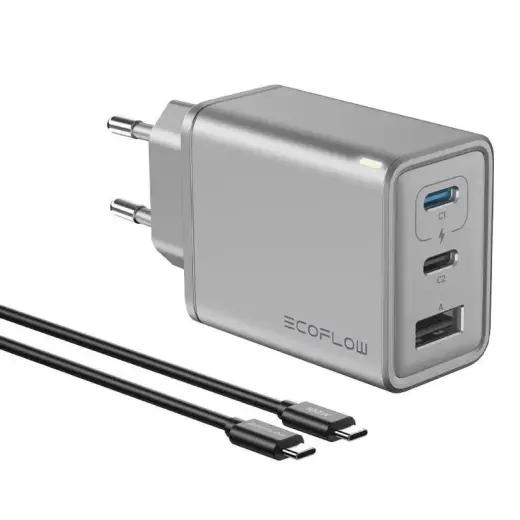 Зарядное устройство EcoFlow RAPID | 65W | PD, QC, GaN, PPS | USB-C, USB-A | с кабелем USB-A на USB-C в комплекте | серебристо-черное Фото num