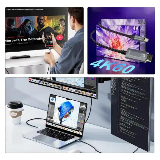 Wozinsky WCCH-01 USB-C - HDMI 4K 60Hz Cable 1.8m - Black Foto 3
