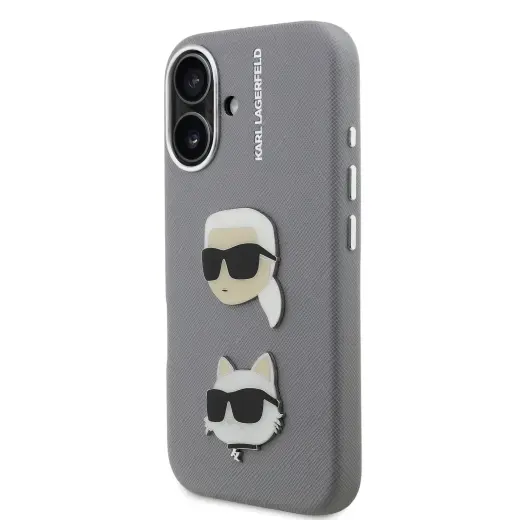Karl Lagerfeld Grained PU K&CH Heads telefona maciņš iPhone 16 pelēks