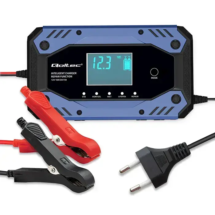 Qoltec Intelligent charger for STD AGM GEL LiFePO4 | Battery charger with repair function |12-24V |10A | LCD | 9 - stage charging Photo