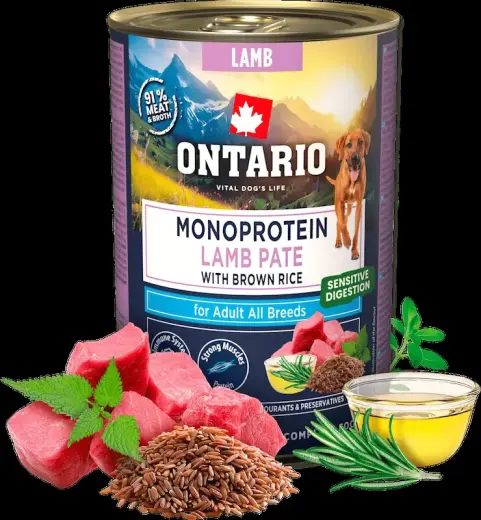 Konservi suņiem - Ontario Adult Monoprotein Lamb Pate with Brown Rice 400g