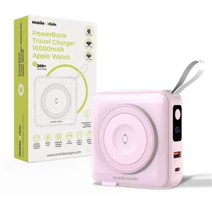 Mobile Origin PowerBank & Travel Charger, Lightning/USB-C Cable, MagSafe/AW/iPhone Compatible, pink