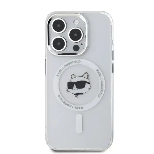Karl Lagerfeld IML Choupette Head Metal Frame MagSafe Case for iPhone 15 Pro Max Transparent