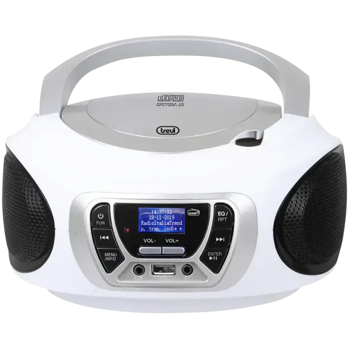Stereo Portable DAB, CD player in MP3,CD,CD-R/RW format, Digital radio receiver, Wavebands: DAB / DAB+ / FM, FM with RDS function, 30 stations storable in FM, USB input with direct playback of MP3 files, Remote control included, White
