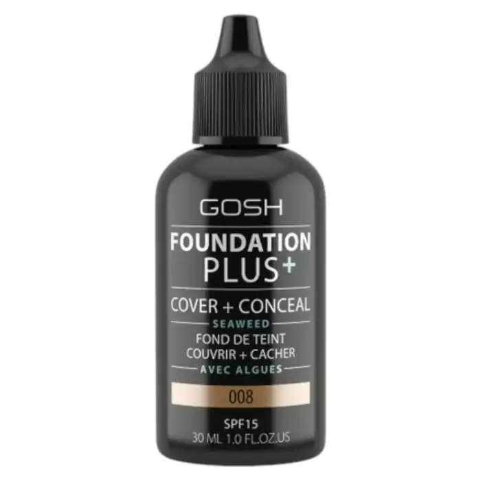 Gosh, Foundation Plus+, Cover & Conceal, Liquid Foundation, 008, Honey, SPF15, 30 ml