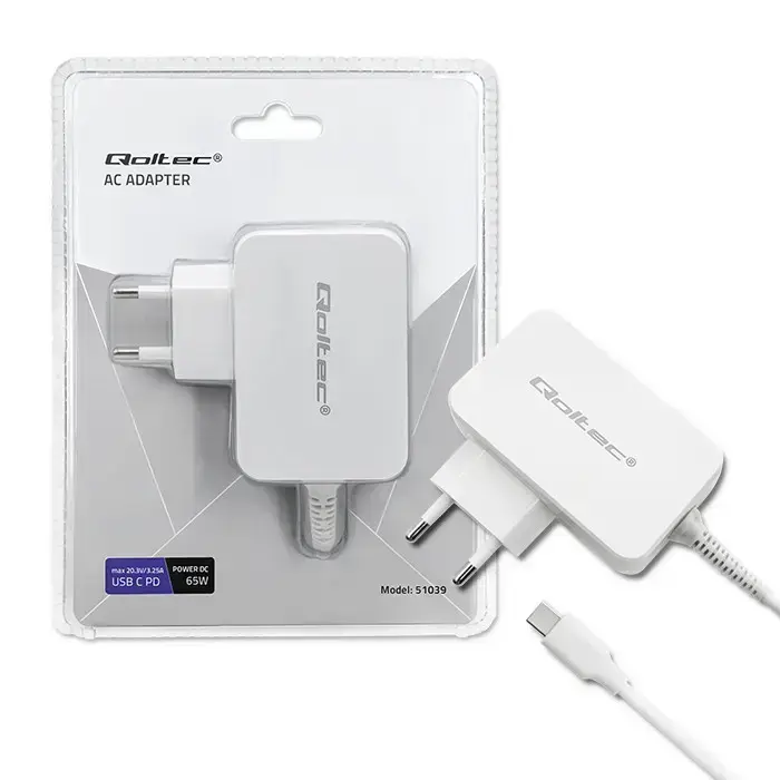 Зарядное устройство Qoltec Charger | 65W | PD | USB-C | белое
