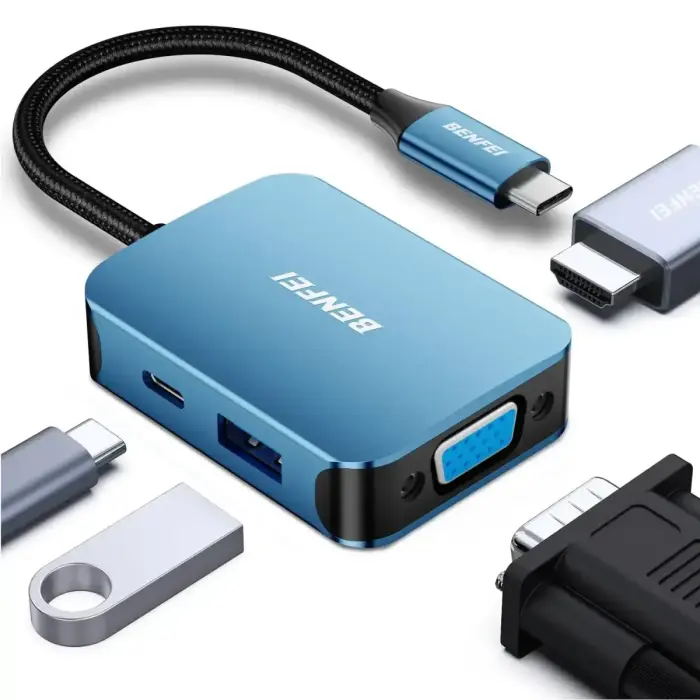 Benfei 4-in-1 centrmezgls USB-C uz HDMI | USB-C | VGA | zils