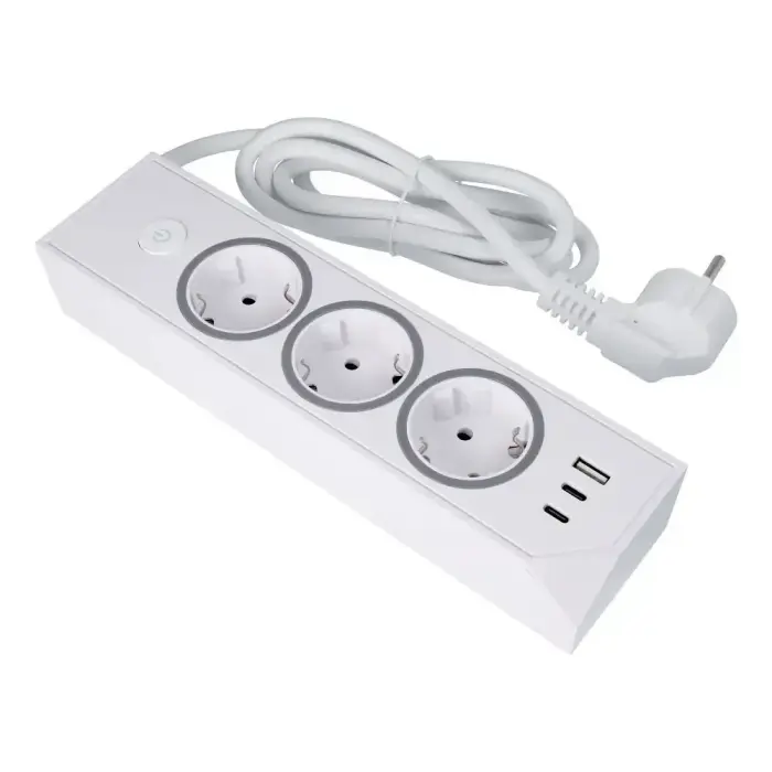 Power strip with 3 sockets max 3680W, 1xUSB A, 2x type C 25W ports with 1,5m power cable E59 white