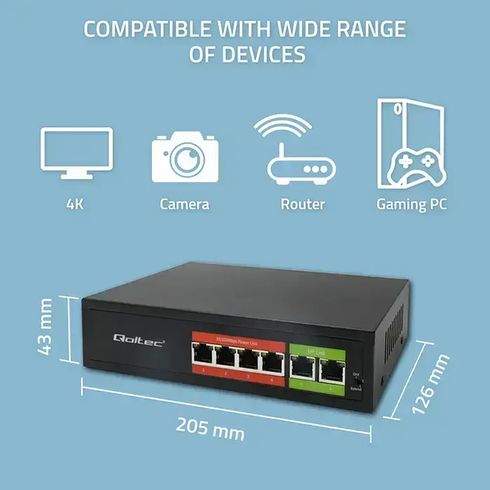 Qoltec FAST Ethernet PoE SWITCH | 4x RJ45 PoE | 2x RJ45 Uplink | 65W | 10/100 Mb/s Foto 2