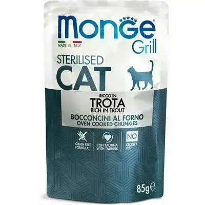 Monge Grill Sterilised Cat Chunkies in Jelly Rich in Trout 85 g — complete wet food for sterilised cats with trout in jelly
