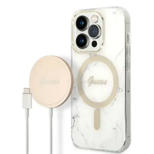 Zestaw Guess GUBPP14LHMEACSH Case+ Charger iPhone 14 Pro 6,1" biały|white hard case Marble MagSafe Фото num