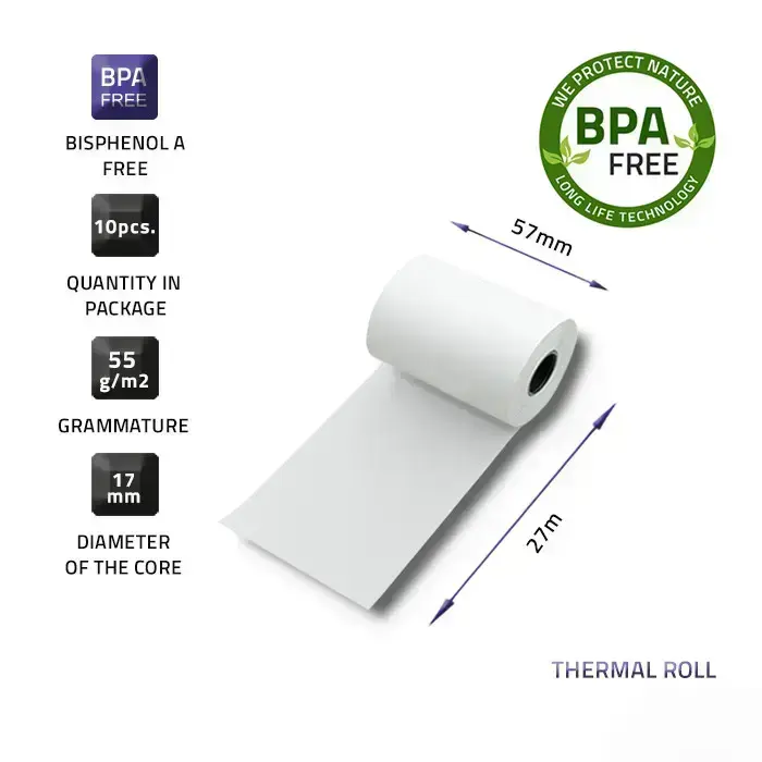 Qoltec Thermal roll 57 x 27 | 55g / m2 | 10 pcs. | BPA free Foto 2