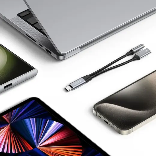 Tech-Protect UltraBoost USB-C (male) PD 60W 6A | mini jack 3.5mm (female) - USB-C (female) cable - black Photo