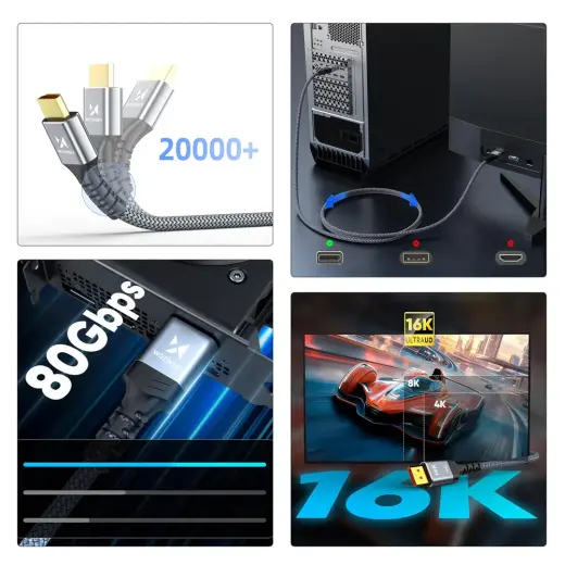 Wozinsky WPS-16AYL3S DisplayPort 2.1 Cable VESA Certified 80 Gb|s 16K@60Hz 8K@120Hz 4K@240Hz HDR HDCP DSC 3m - Black Foto 2