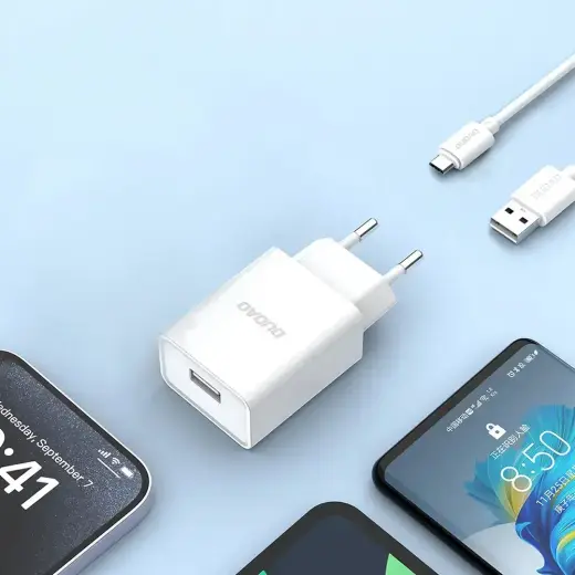 Dudao A4EU USB-A 2.1A wall charger - white + USB-A - micro USB cable Photo