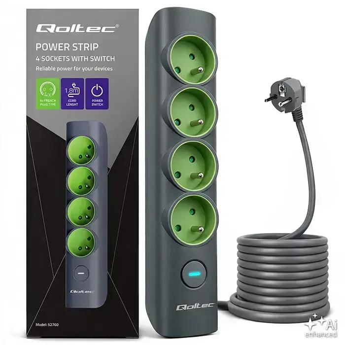 Qoltec Power strip with backlit switch | 4-in-1 extension lead | 4 earthed sockets | 1.8m