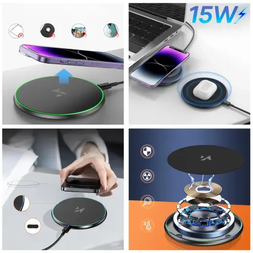Wozinsky WLI-01Y 15W Qi Inductive Charger with USB-C Cable - Black Foto 2