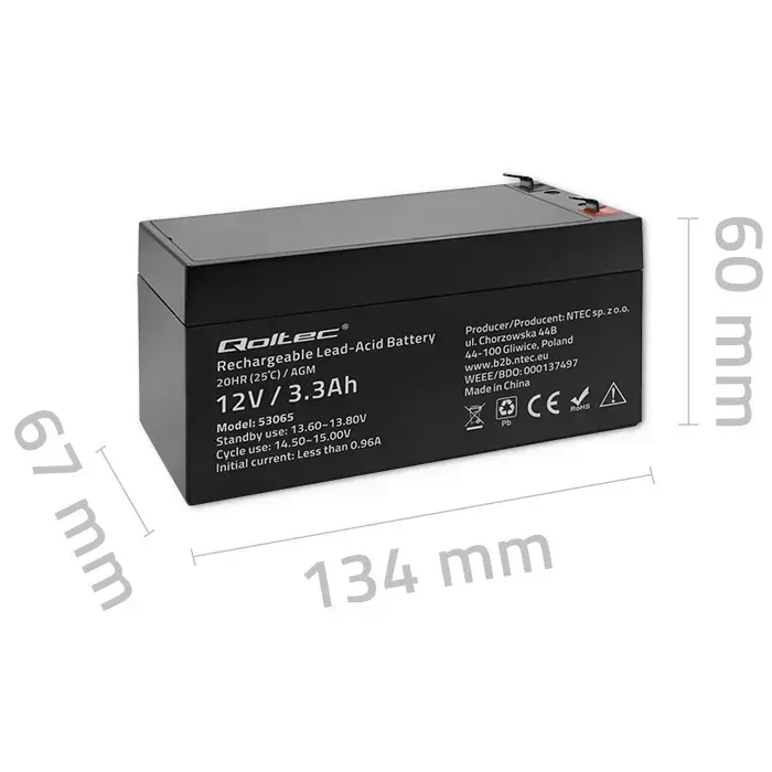 Qoltec AGM battery | 12V | 3.3Ah | Maintenance-free | Efficient| LongLife | for UPS, scale, cash register Foto 7