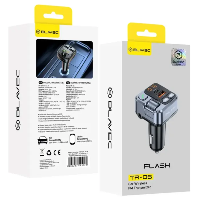 Blavec FM Transmitter Flash TR-05 MP3, Bluetooth - USB + Type C - PD 30W (TFMFTR05-B) black Фото num