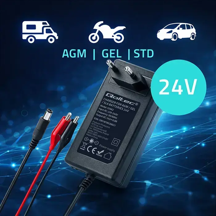 Qoltec Automatic charger for AGM GEL STD batteries | 24V charger | 19.2W | 5.5x2.1 | 1.8m cable Photo