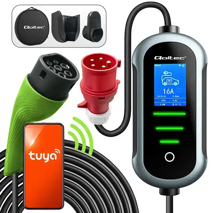 Qoltec Mobile EV Electric Car Charger with 2-in-1 Type 2 Adjustment | 7kW | 230V | CEE 32A | Wifi | TUYA | SMART LIFE | LCD | Portable | Wallbox | 5m 